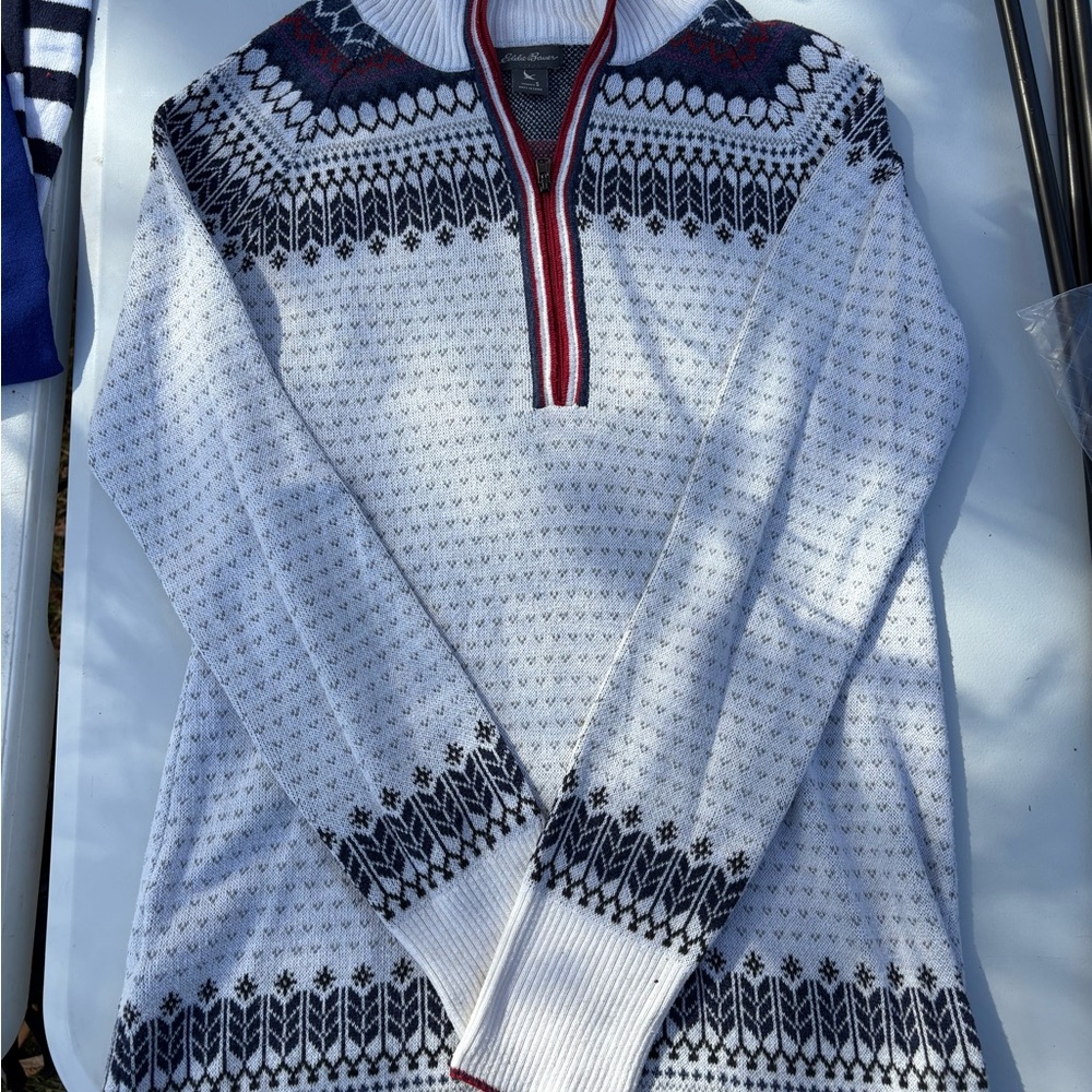 Eddie Bauer White and Navy Blue Cowl Neck Sweater